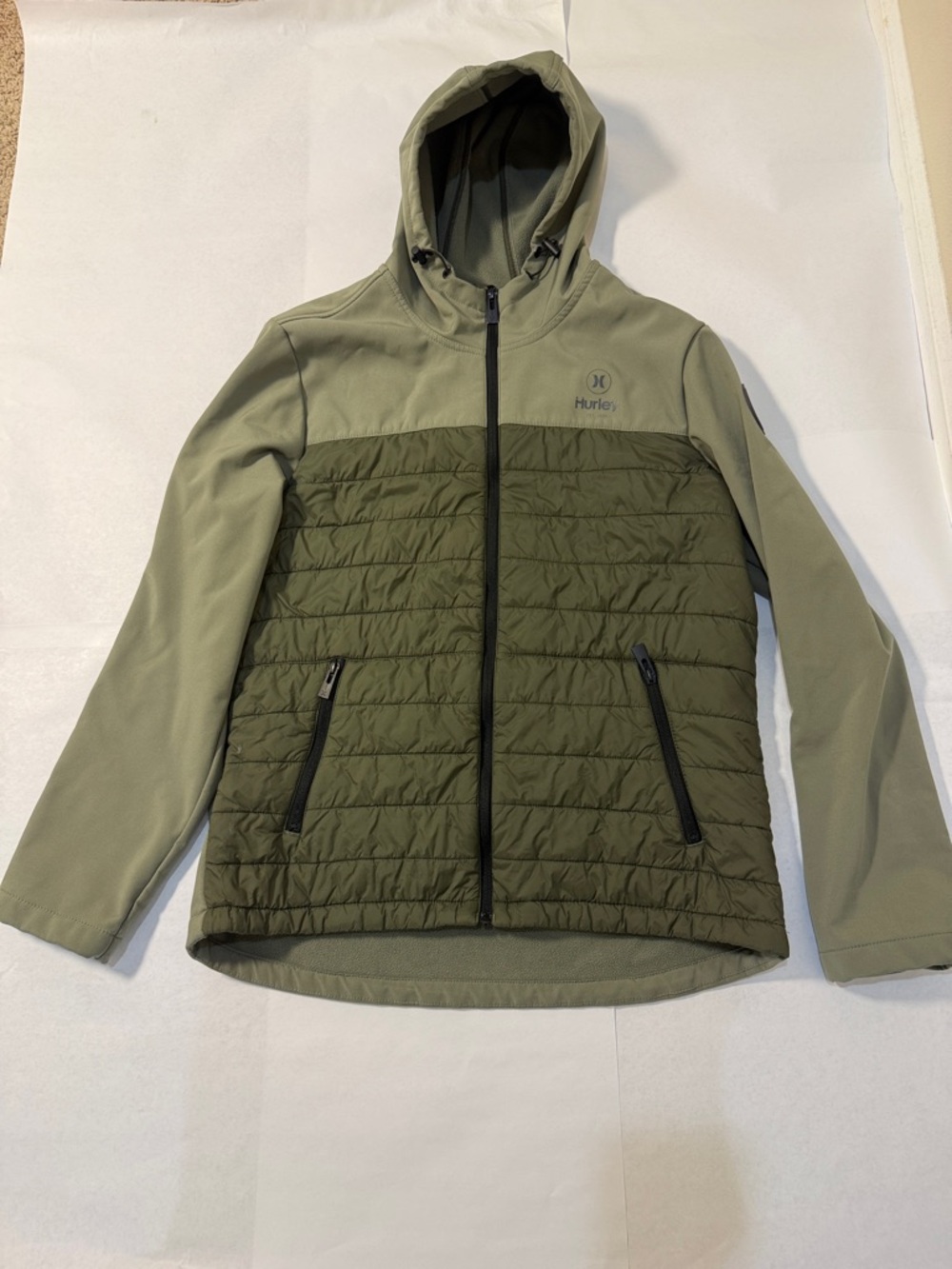 Hurley Olive Green Quilted Hybrid Hooded Jacket Size M Men’s
